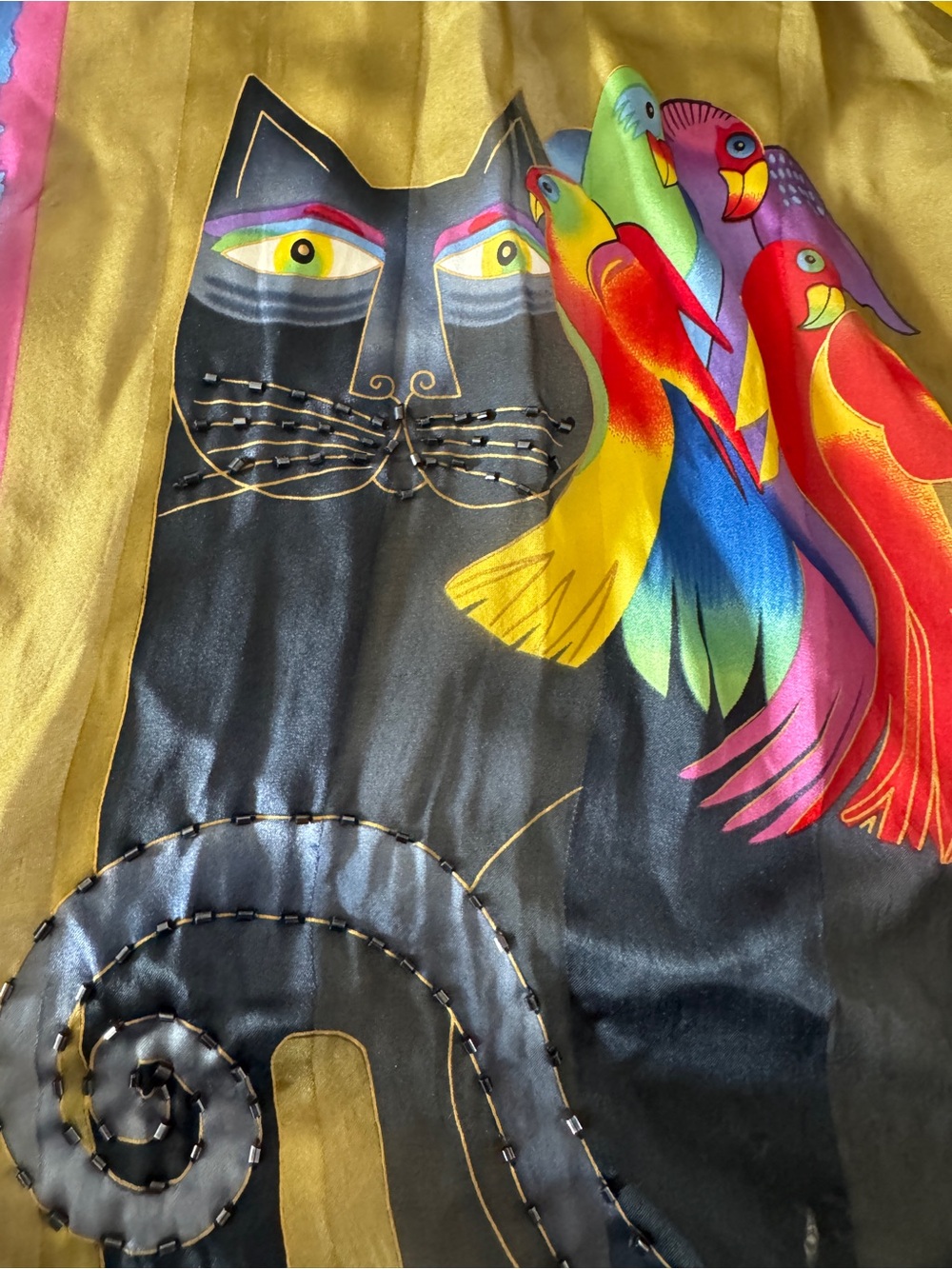 Vintage Laurel Burch Black Cat Parrot Silk Scarf Multicolor Art Wear Collectible - Picture 9 of 16